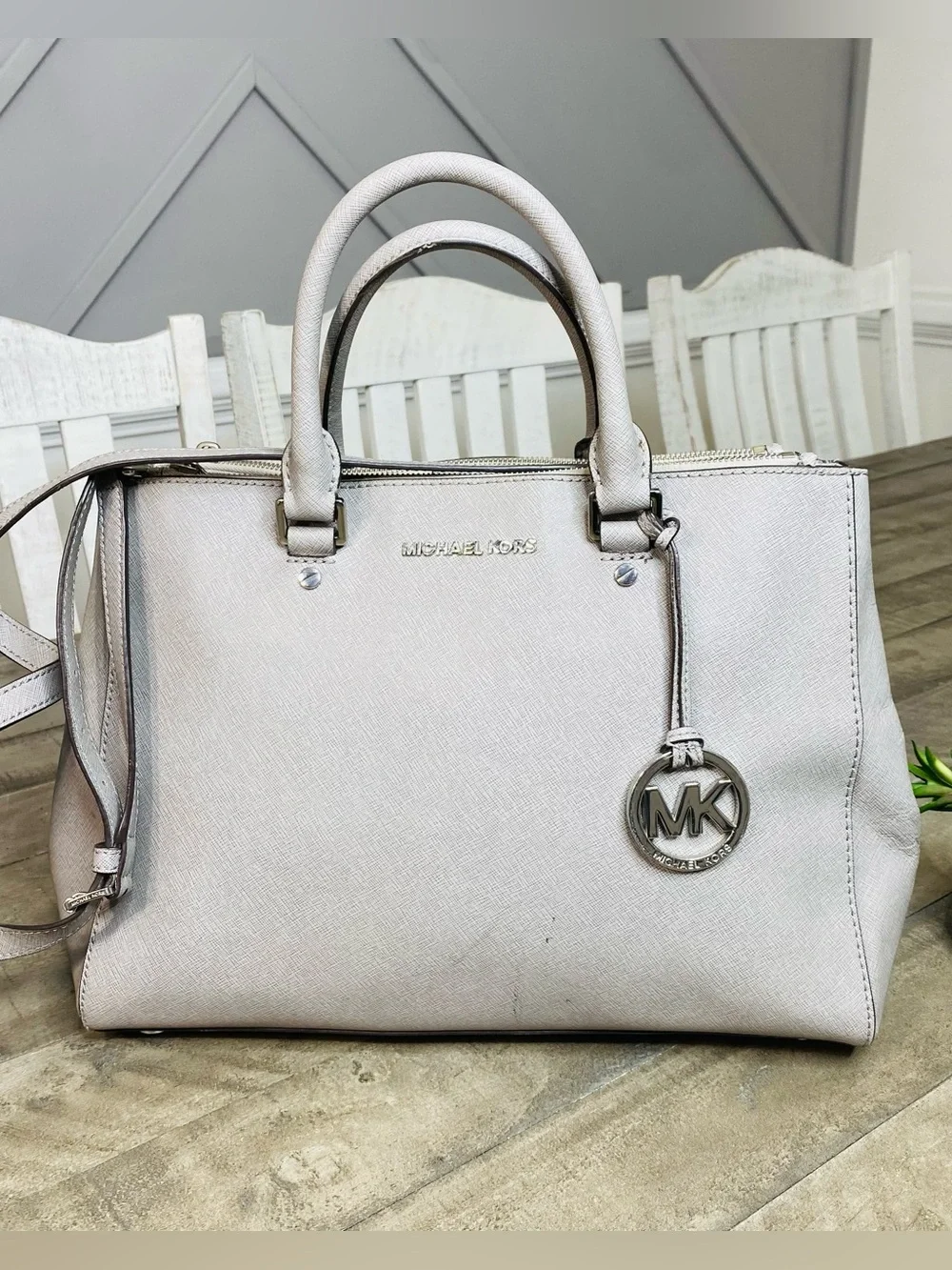 Michael Kors Sutton Medium Saffiano Leather Satchel Bag Gray Silver Hardware